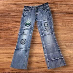 Vintage Pepe Jeans London Patchwork Graphic Embellished Denim Blue Jeans Size 30